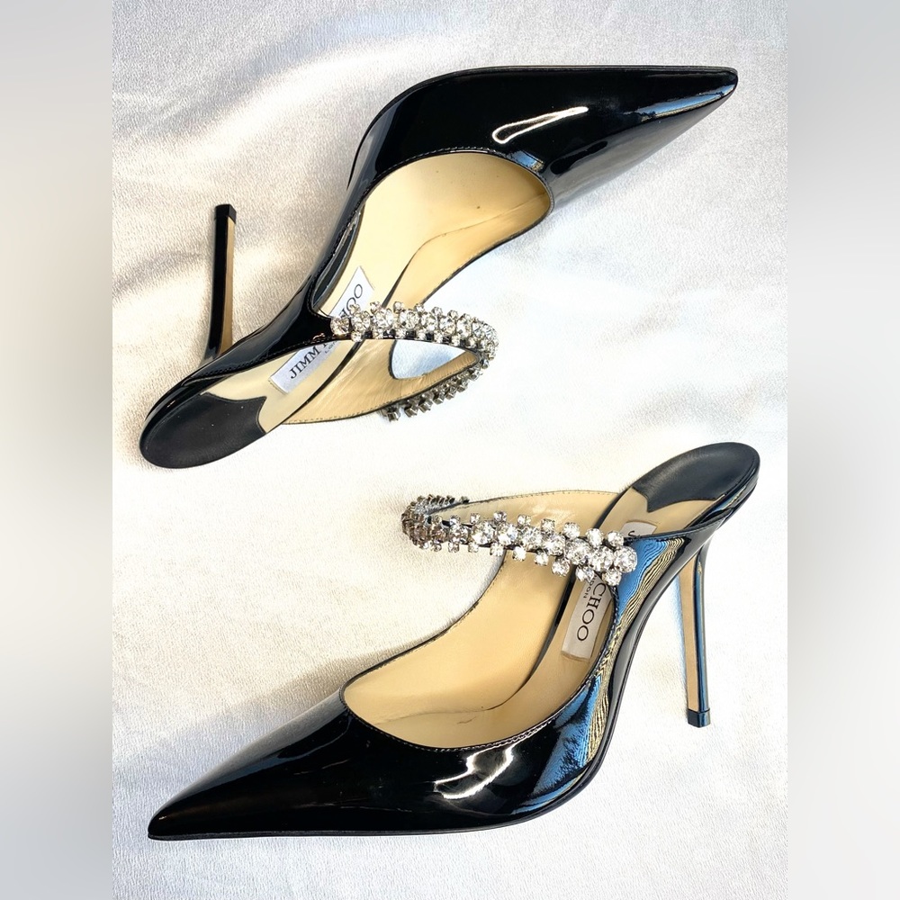 SOLD Jimmy Choo Bing 100 Crystal Embellished Black Patent Mule - Picture 12 of 16